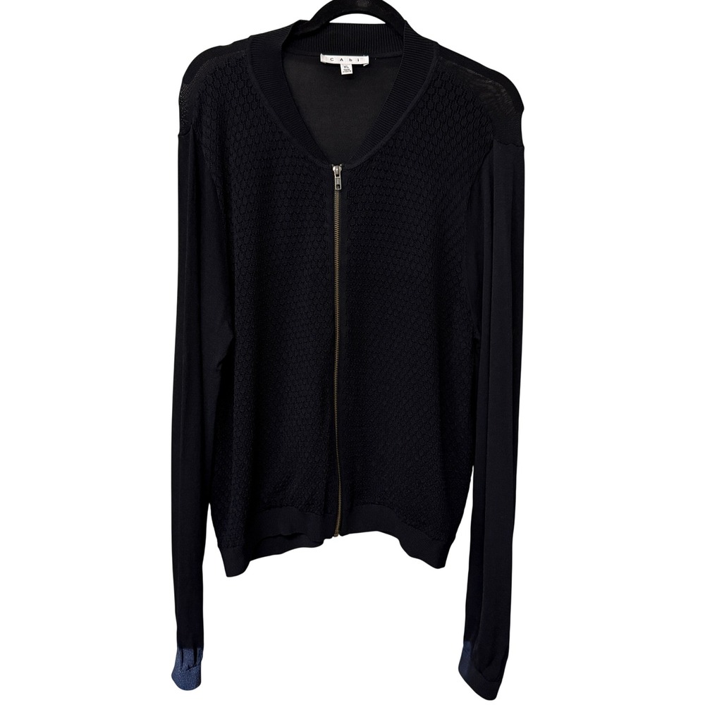 Cabi Womens Pointelle Knit Full Zip Sweater Size XL Black Bomber Jacket Layering